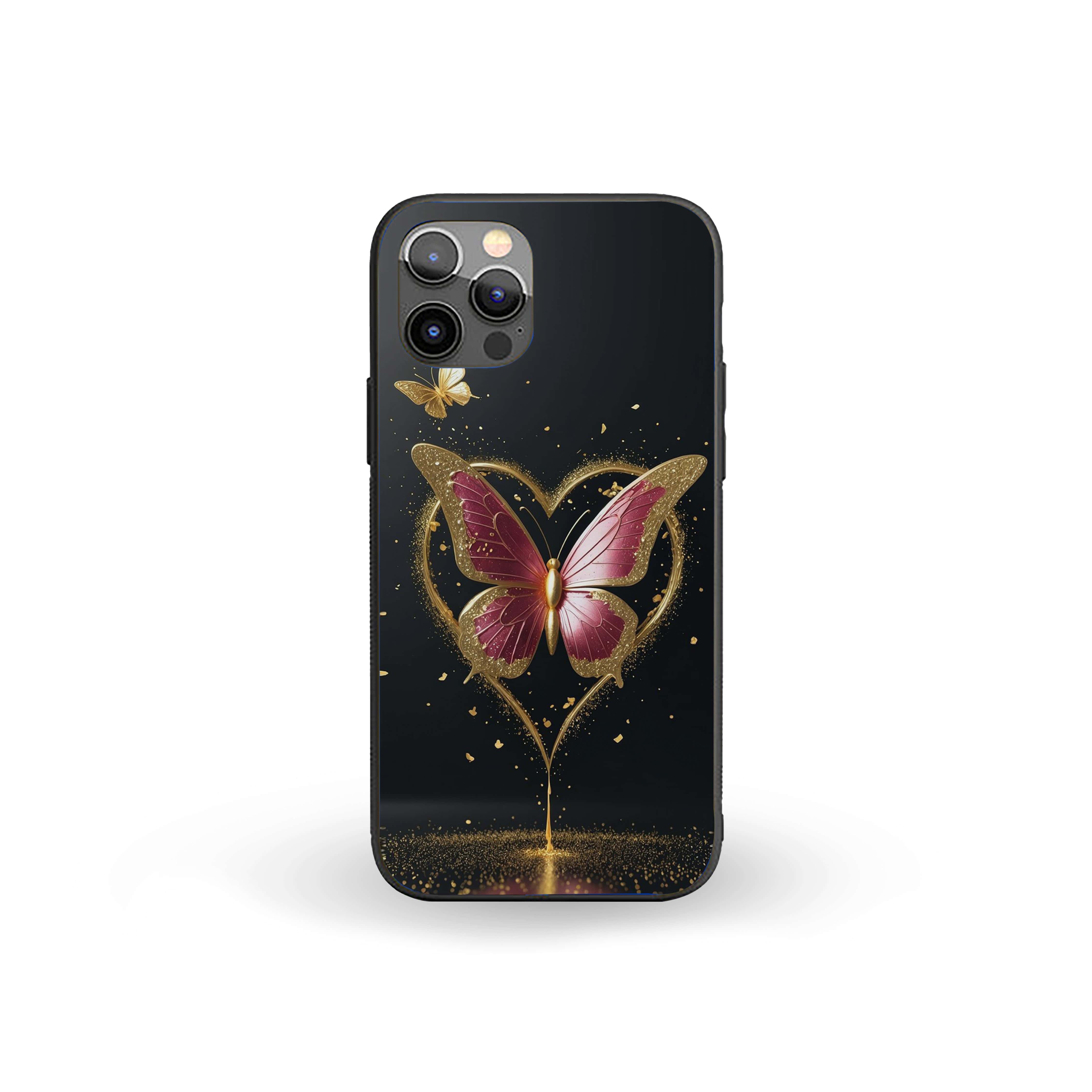 Pink Golden Butterfly In Heart Silicone Armored Phone Case