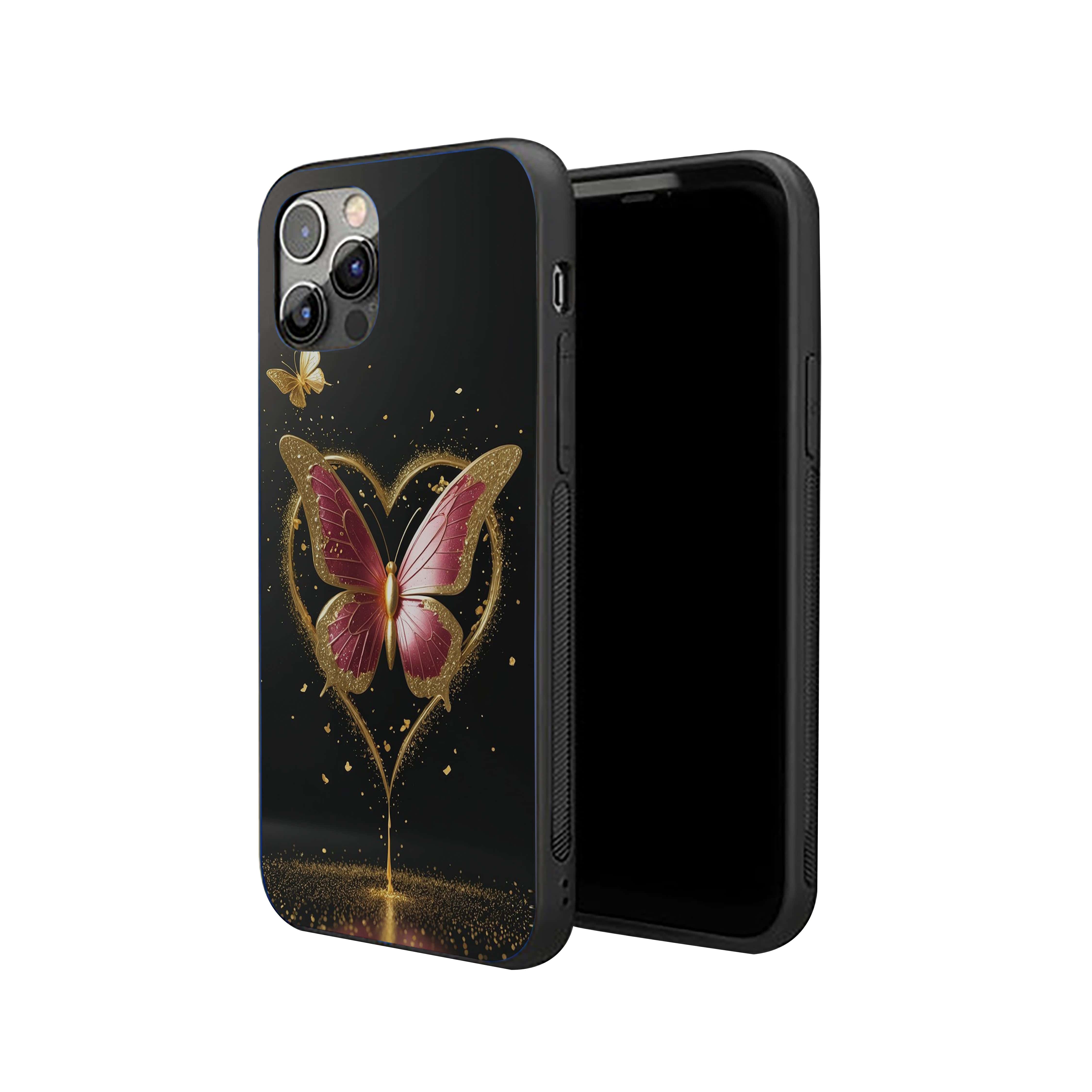 Pink Golden Butterfly In Heart Silicone Armored Phone Case