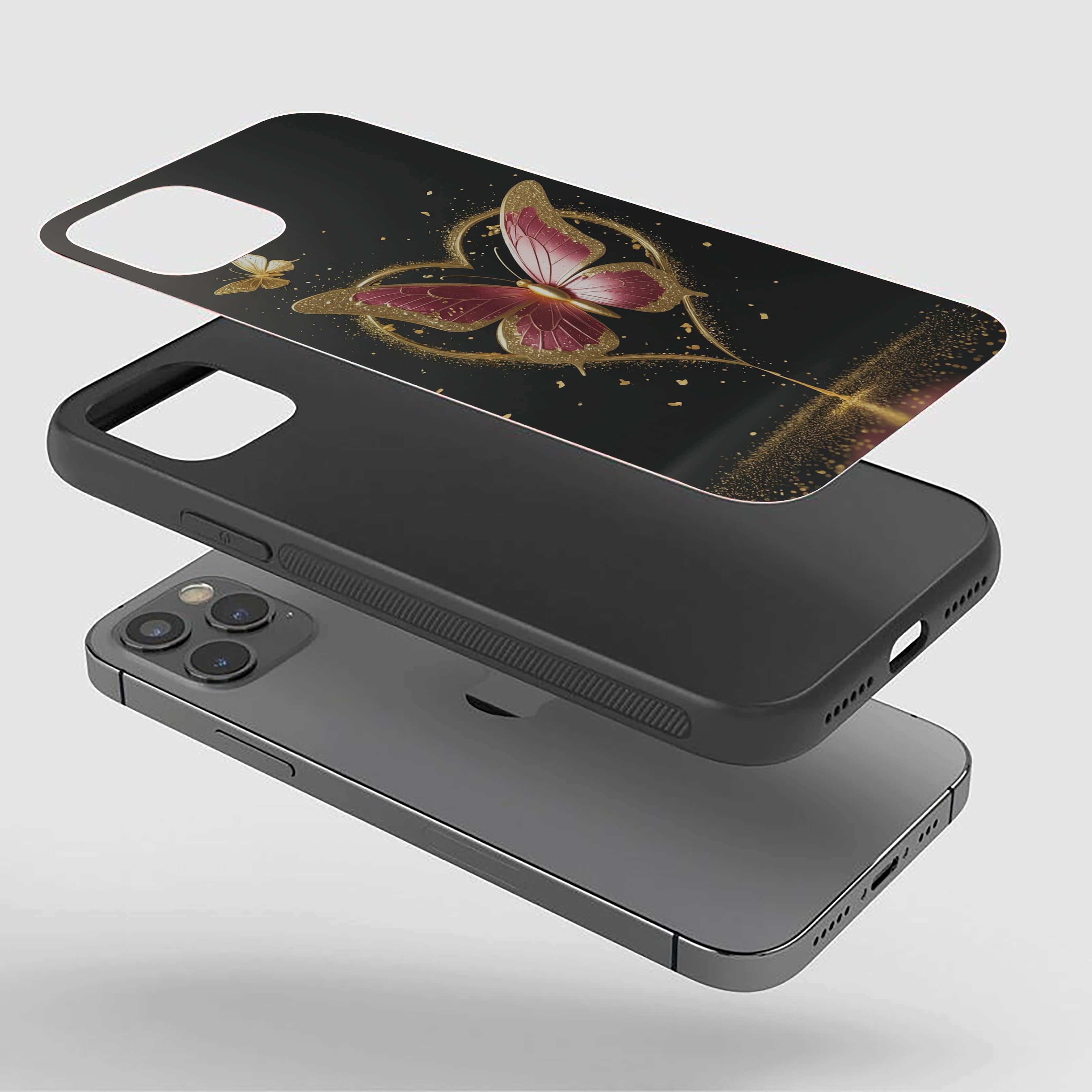 Pink Golden Butterfly In Heart Silicone Armored Phone Case