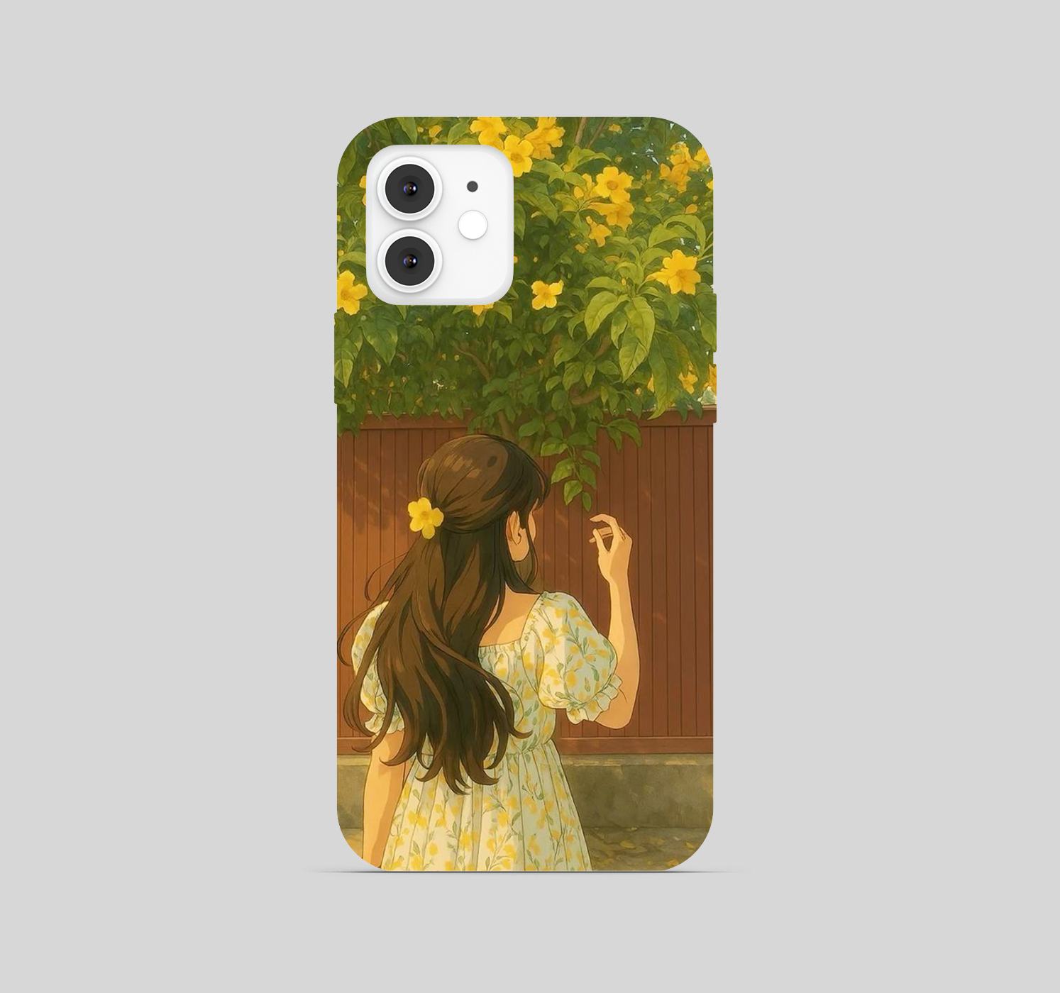 Girl Standing by a Fence with Yellow Flowers Phone Cover