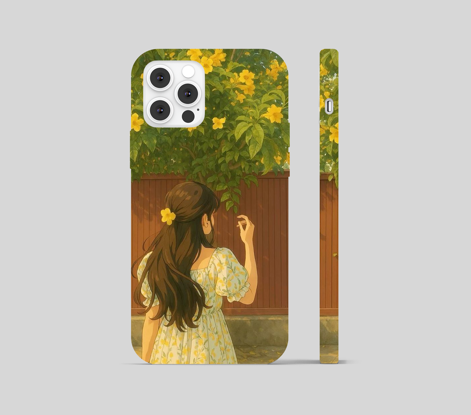 Girl Standing by a Fence with Yellow Flowers Phone Cover