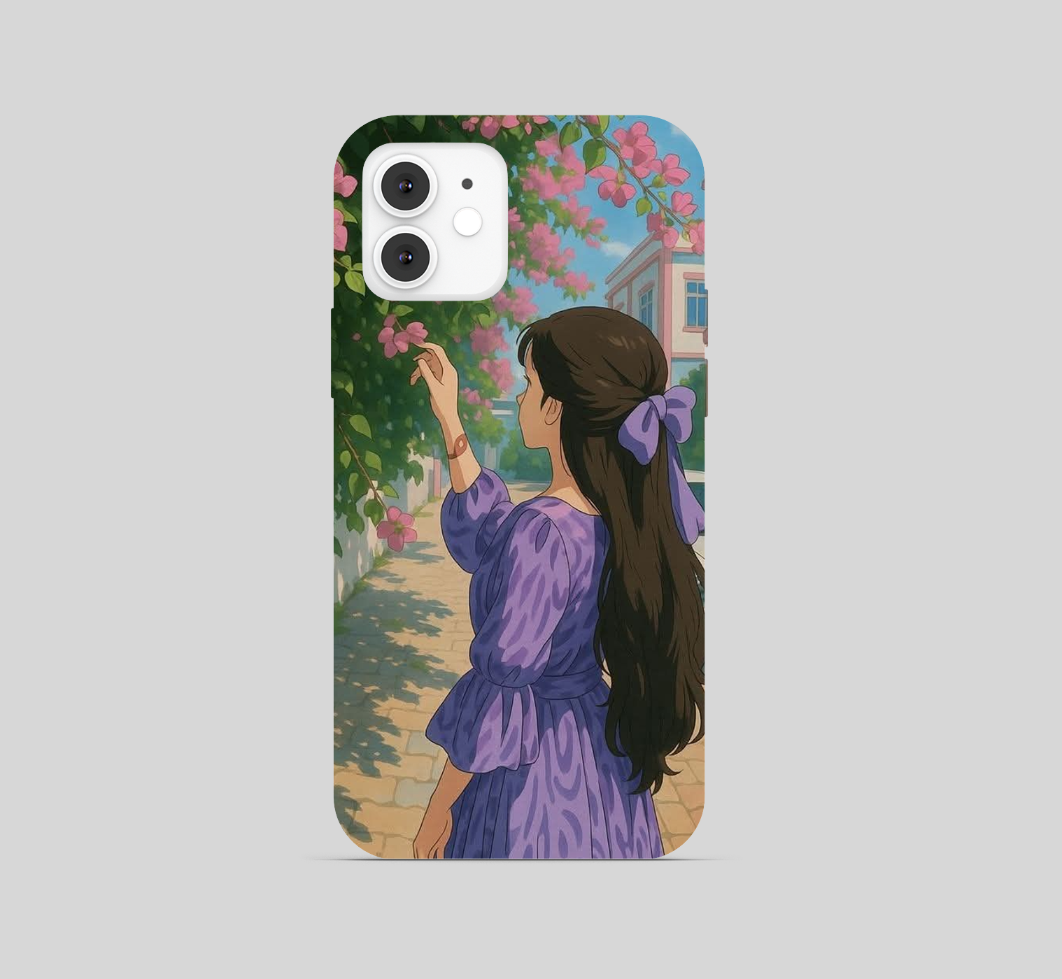 Girl Standing Purple Dree Reaching for Pink Flowers Phone Cover