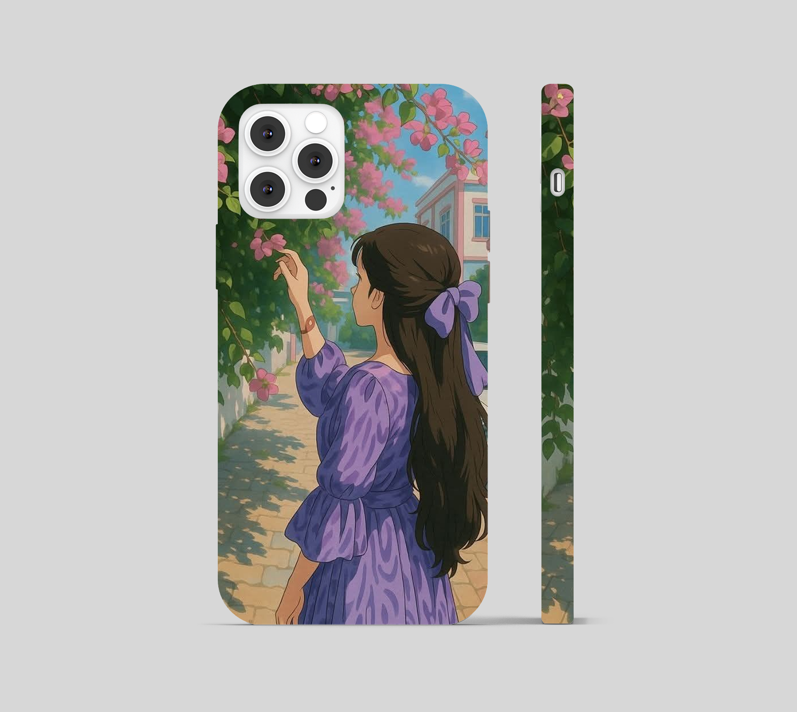 Girl Standing Purple Dree Reaching for Pink Flowers Phone Cover