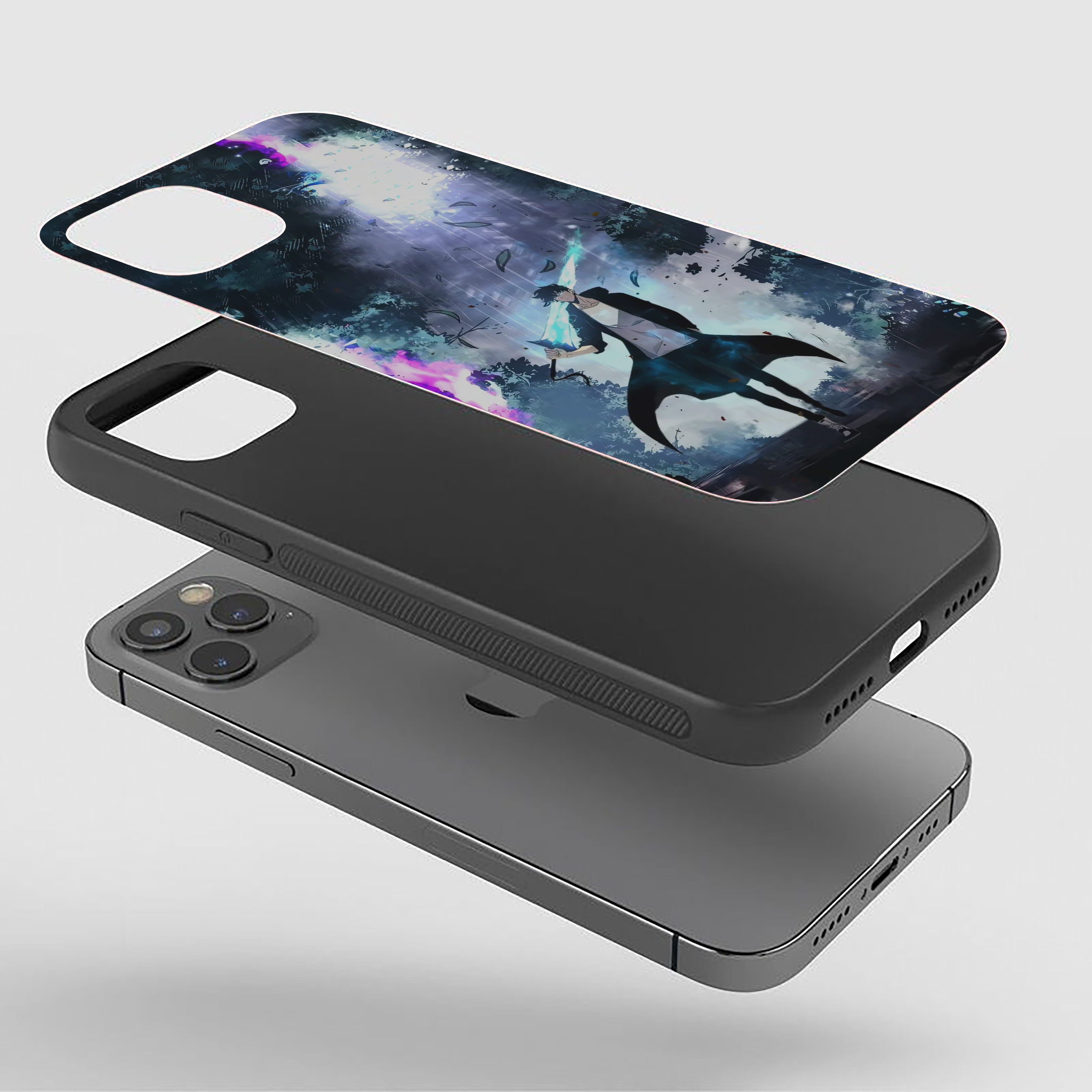 Solo Leveling holds a glowing purple and teal sword Silicone Armored Phone Case